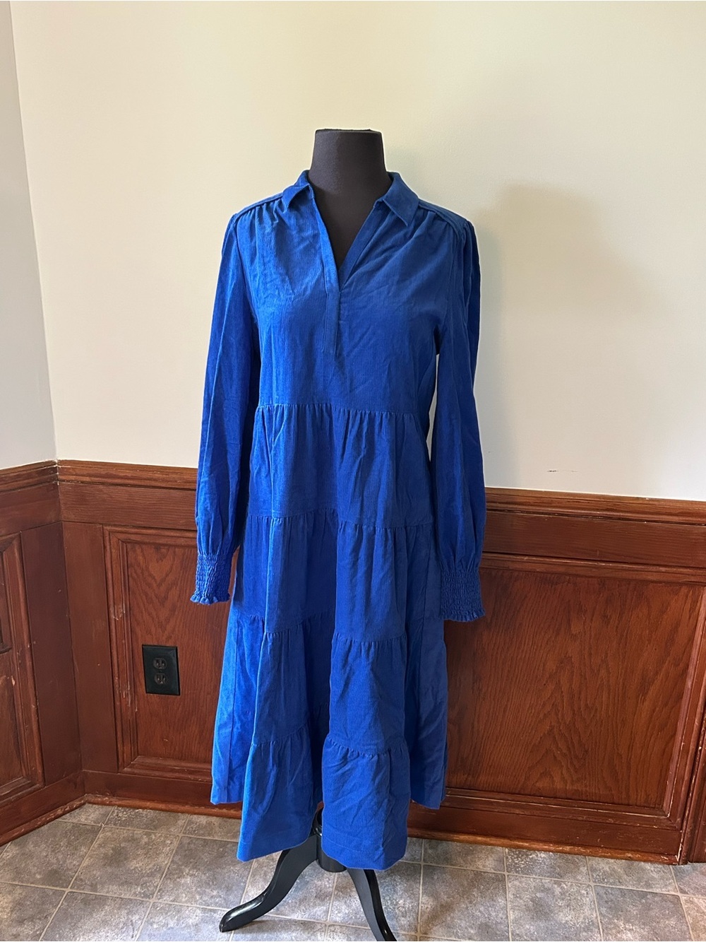 ME+EM Blue Collar Long Sleeve Tiered Midi Dress Size 8
